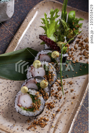 Delicious fresh sushi, raw fish, delicious Japanese food Delicious fresh sushi, raw fish, delicious Japanese food 105058429