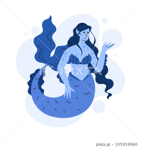 Mermaid flat vector illustration, legendary mystical creature with the body of beautiful woman and fish tail 105058960