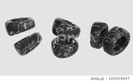 Black marble stone rings, 3d render icons set. Abstract geometric shapes with glossy texture, round rock objects, circle graphic elements isolated on background. Luxury creative decor. 3D illustration 105059047
