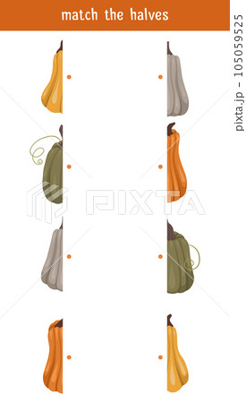 Find right half for various autumn pumpkins. Vector worksheet template for preschool lessons. Match the halves. Children educational gardening game 105059525
