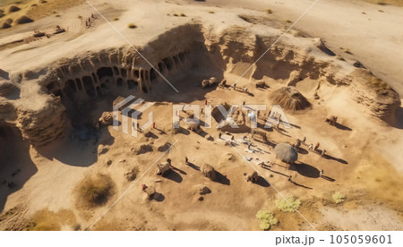 Artistic recreation of aerial view of a archaeological excavation site in a desert. Illustration AI 105059601