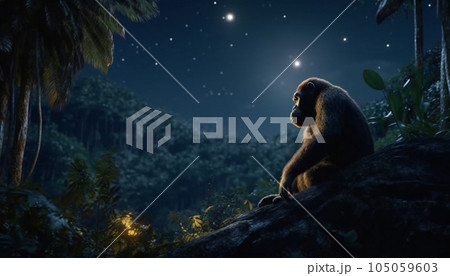 Recreation of a hominid sit down looking the stars at night in the jungle. Illustration AI Recreation of a hominid sit down looking the stars at night in the jungle. Illustration AI 105059603