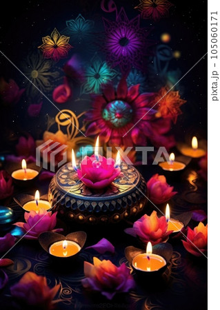colorful diwali lights on dark background, created with generative ai 105060171