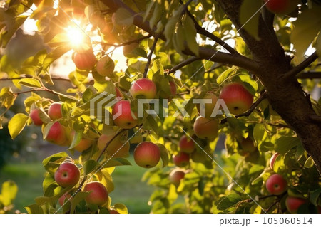 sunlit apples on tree branches ready for harvest, created with generative ai sunlit apples on tree branches ready for harvest, created with generative ai 105060514