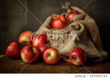 freshly picked apples spilling out of a burlap sack, created with generative ai 105060519