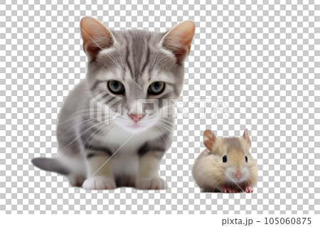Cat and mouse on a transparent background. 105060875