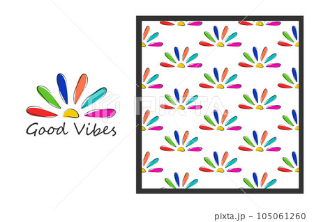 Abstract free spirit symbol print and seamless pattern set. Good vibes concept. Doodle paint brush lines, rainbow colourful flower. White background. Vector illustration 105061260