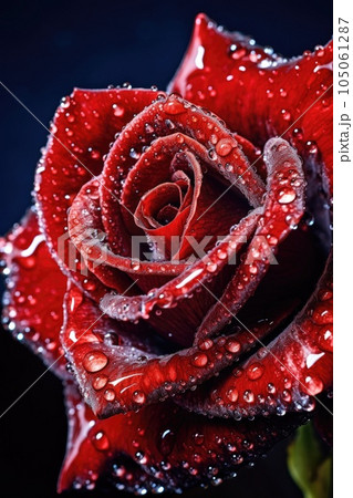 dewdrops glistening on petals of a red rose, created with generative ai 105061287