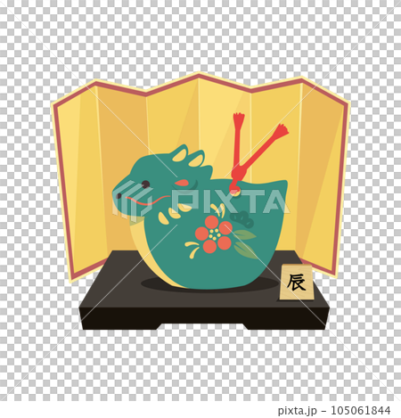 金屏風に辰の置物（緑）のイラスト 105061844