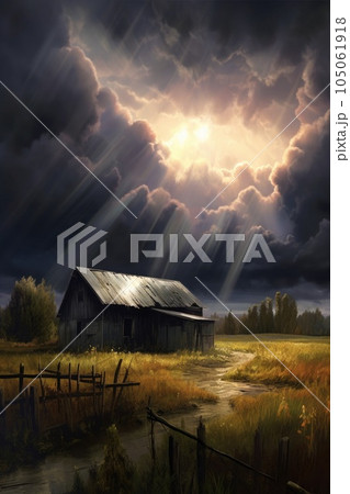 dark clouds contrasting with bright sunlight breaking through, created with generative ai 105061918