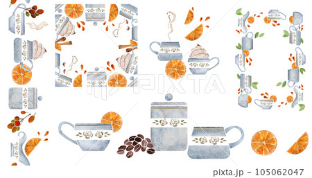 Watercolor hand drawn set of compositions with coffee cups, beans, leaves, orange, croissant, dishes. Isolated on white background. For invitations, cafe, restaurant food menu, print, website, cards Watercolor hand drawn set of compositions with coffee cups, beans, leaves, orange, croissant, dishes. Isolated on white background. For invitations, cafe, restaurant food menu, print, website, cards 105062047