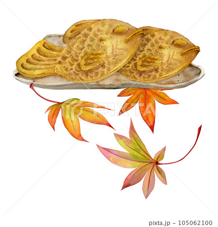 Watercolor hand drawn traditional Japanese sweets. Ceramic dish, taiyaki, autumn maple leaves. Isolated on white background. Design for invitations, restaurant menu, greeting cards, print, textile 105062100