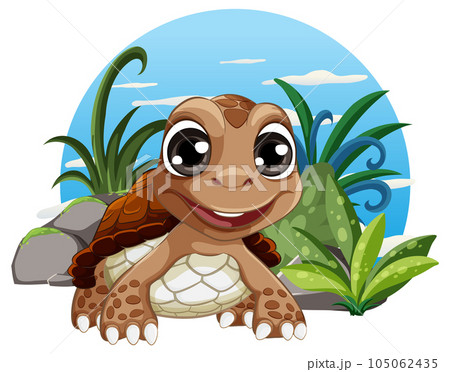 A cheerful cartoon turtle is standing near plants and rocks in a natural environment A cheerful cartoon turtle is standing near plants and rocks in a natural environment 105062435
