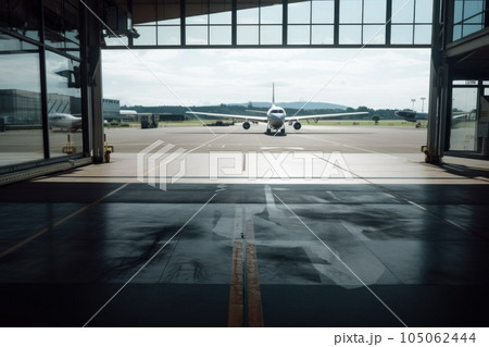 view of empty airport terminal, with view onto the tarmac and planes parked outside, created with generative ai 105062444