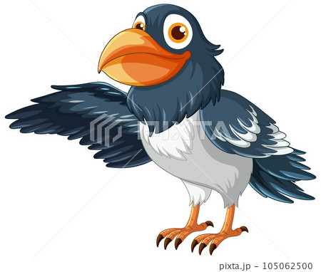 A vector cartoon illustration of a smiling raven with one wing open, isolated on a white background. A vector cartoon illustration of a smiling raven with one wing open, isolated on a white background. 105062500