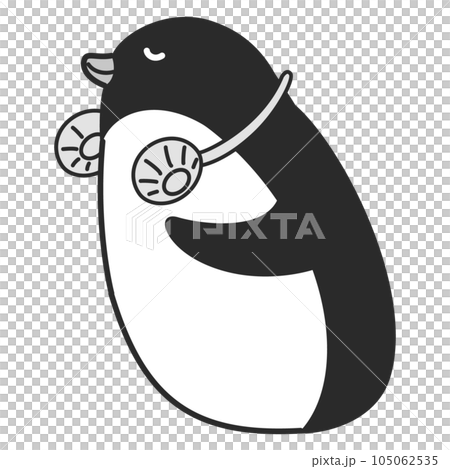 首にかける扇風機（ネックファン）を使うペンギンのイラスト（白黒） 105062535
