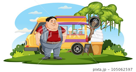Overweight man in front of ice cream food truck 105062597