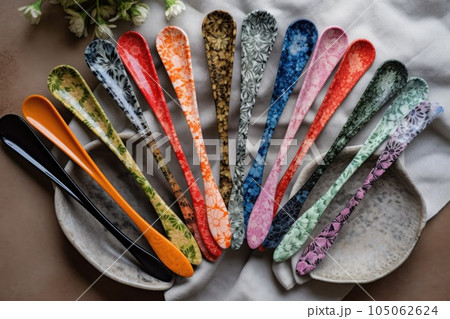 flatlay of stack of stirring spoons, each with different pattern or color, created with generative ai 105062624