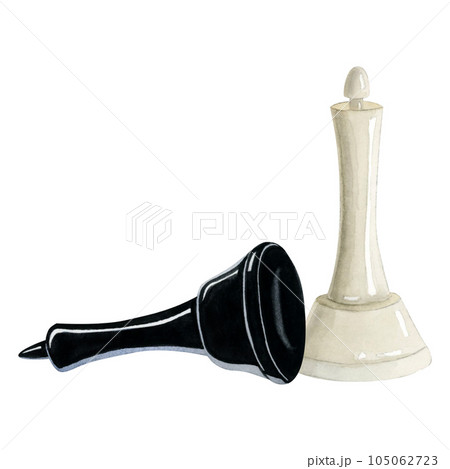Checkmated black king and white queen chess pieces watercolor illustration isolated on white background for intellectual board game designs Checkmated black king and white queen chess pieces watercolor illustration isolated on white background for intellectual board game designs 105062723
