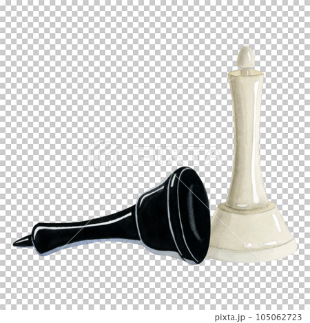 Checkmated black king and white queen chess pieces watercolor illustration isolated on white background for intellectual board game designs Checkmated black king and white queen chess pieces watercolor illustration isolated on white background for intellectual board game designs 105062723