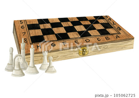 Watercolor wooden chess board box with white figures of king, queen, bishop and knight isolated illustration for intellectual game clubs, quests and quizes 105062725