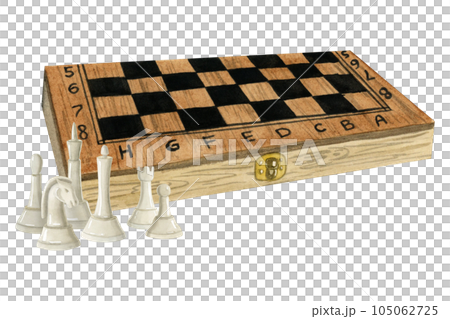 Watercolor wooden chess board box with white figures of king, queen, bishop and knight isolated illustration for intellectual game clubs, quests and quizes Watercolor wooden chess board box with white figures of king, queen, bishop and knight isolated illustration for intellectual game clubs, quests and quizes 105062725