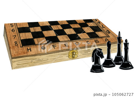 Watercolor closed wooden chess board box with black figures of king, queen, bishop and knight illustration isolated on white background for intellectual game clubs, quests and quizes 105062727