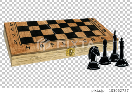 Watercolor closed wooden chess board box with black figures of king, queen, bishop and knight illustration isolated on white background for intellectual game clubs, quests and quizes 105062727