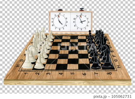 Hand drawn wooden chess board with black and white pieces and clocks watercolor isolated illustration for beginning of the game or competition Hand drawn wooden chess board with black and white pieces and clocks watercolor isolated illustration for beginning of the game or competition 105062731