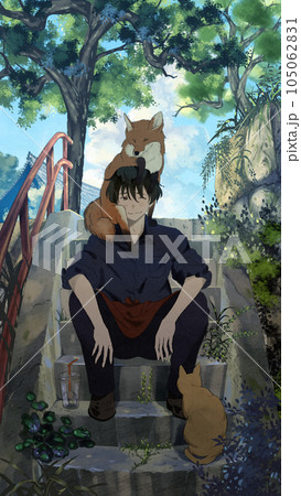 石段に座る男の子と狐と猫【イラスト】 105062831