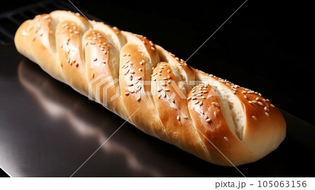 A crispy baguette is lying on the table A crispy baguette is lying on the table 105063156