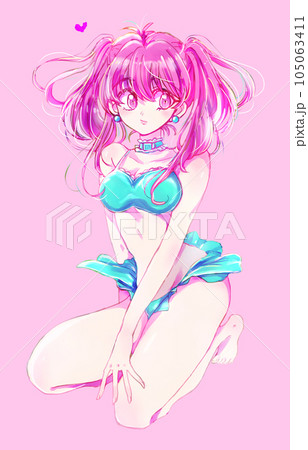 ピンク水着の美人キャラクター色鉛筆画 水着の女性 ツインテール ピンク髪のイラスト素材 [105063411] - PIXTA