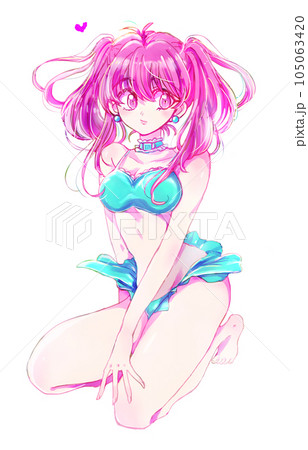 ピンク水着の美人キャラクター色鉛筆画 水着の女性 ツインテール ピンク髪のイラスト素材 [105063420] - PIXTA