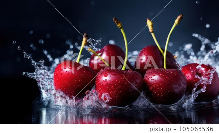 Cherries in water splash on background. Generative AI 105063536