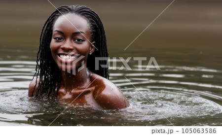 Portrait of beautiful erotic smiling wet black skin woman in the water in the rain. Generative AI 105063586