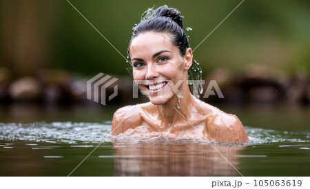 Portrait of beautiful erotic smiling wet woman in the water in the rain. Generative AI 105063619