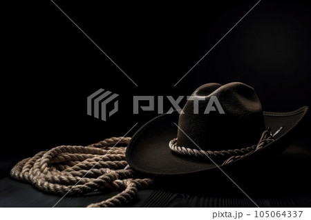 cowboy hat and rope on black background, for stylish and minimalist design, created with generative ai 105064337