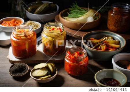 fermented foods feast, with bowls of tangy kimchi and jars of zesty pickles, created with generative ai 105064418