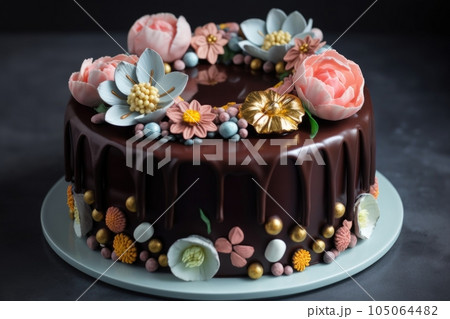 decorative cake with fondant and sugar flowers, topped with chocolate ganache, created with generative ai 105064482