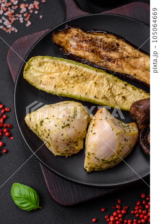 Delicious grilled vegetables zucchini, eggplant, peppers and mushrooms with salt, spices and herbs Delicious grilled vegetables zucchini, eggplant, peppers and mushrooms with salt, spices and herbs 105064669