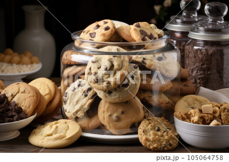 cookie jar overflowing with various types of cookies, including chocolate chip and sugar cookies, created with generative ai 105064758