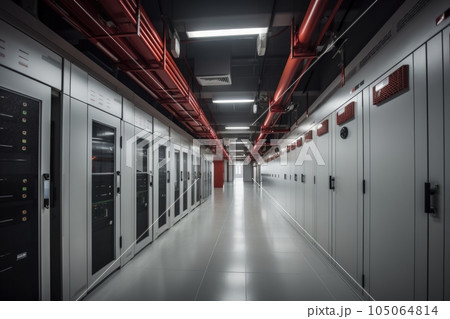 data center with security and fire prevention systems, including smoke detectors and sprinkler systems, created with generative ai 105064814