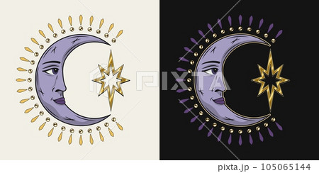 Crescent moon is holding single star. Mythological faitytale symbol with face. Groovy, hippie style. For clothing, apparel, T-shirts, surface decoration, kids design Retro style illustration 105065144