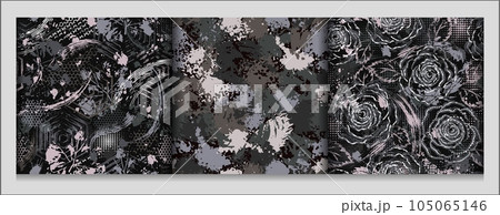 Seamless gray camouflage patterns with grunge paint brush strokes, smudge, hexagons, roses. Dense random chaotic composition. Good for apparel, fabric, textile, sport goods. Grunge texture 105065146