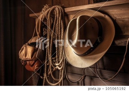 a cowboy hat and rope, hanging on a peg in a cabin, created with generative ai 105065192