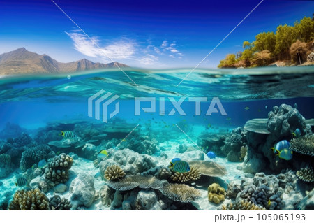 underwater scene with coral reef and schools of fish swimming in the background, created with generative ai 105065193