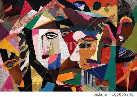 cubist collage, made with pieces of fabric, paper and other materials, created with generative ai 105065246