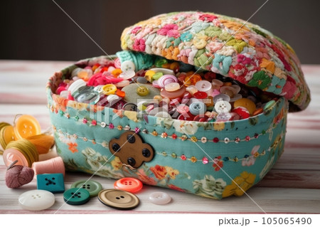 sewing basket overflowing with colorful fabrics, buttons, and thread, created with generative ai sewing basket overflowing with colorful fabrics, buttons, and thread, created with generative ai 105065490