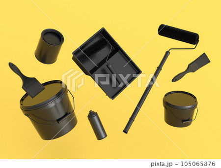 Set of metal cans or buckets with paint roller, brush and folding ladder Set of metal cans or buckets with paint roller, brush and folding ladder 105065876