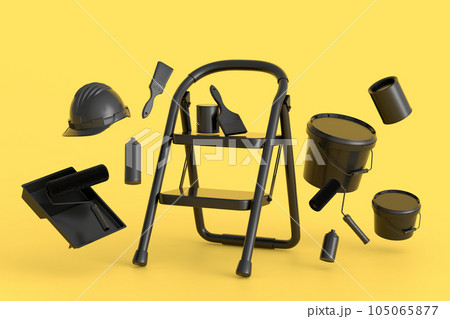 Set of folding ladder, bucket, helmet with paint rollers and brushes Set of folding ladder, bucket, helmet with paint rollers and brushes 105065877